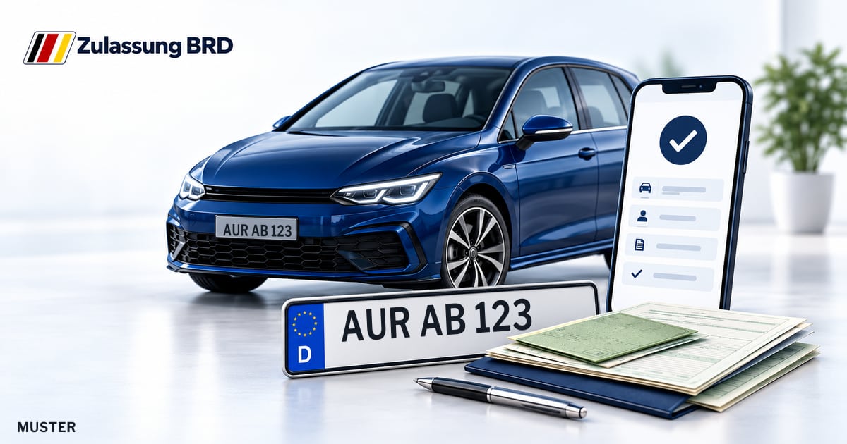 Online Fahrzeugzulassung in Südbrookmerland: Musterkennzeichen AUR AB 123, Auto und Fahrzeugpapiere und Smartphone. Illustration mit Logo von Zulassung BRD.